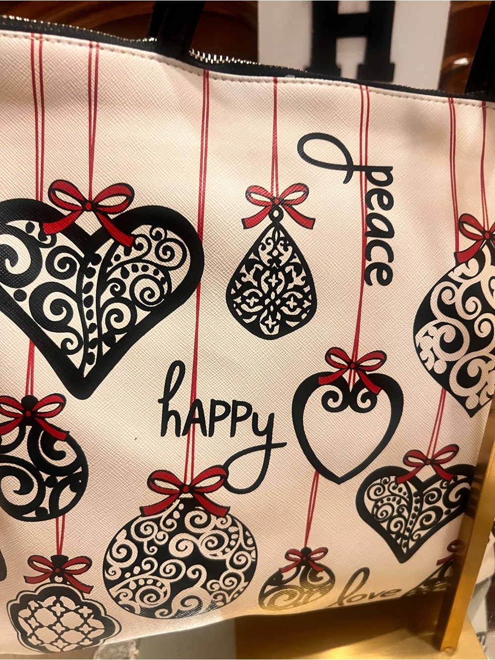 Brighton White and Black Heart & Ornament Motifs and Red Ribbon Accents tote bag - Picture 12 of 16